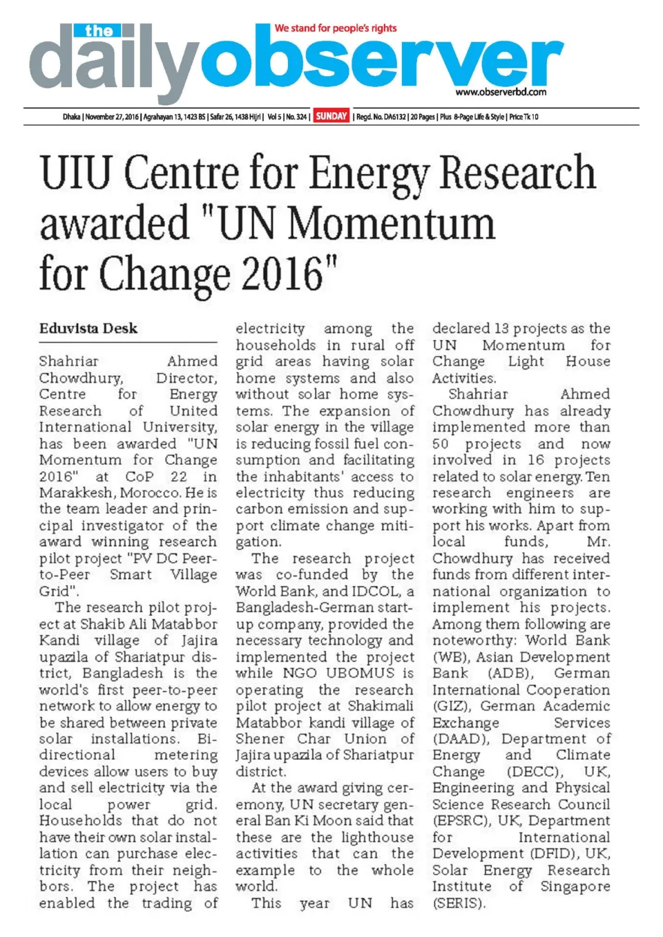 Daily Observer clipping: UN Momentum for Change Award